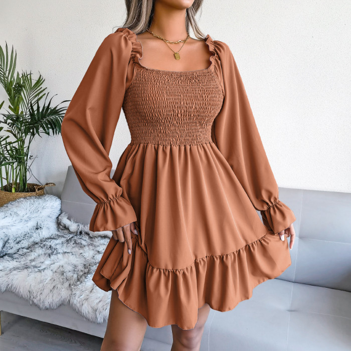 Women Ruffle High Waist Square Collar Long Sleeve Ruffled Dress
