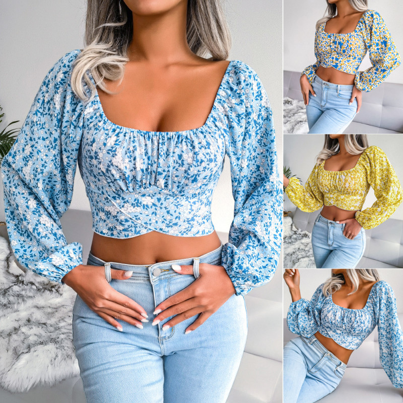 Fashion Floral Sexy Off Shoulder Balloon Sleeve Printed Blouses & Shirts