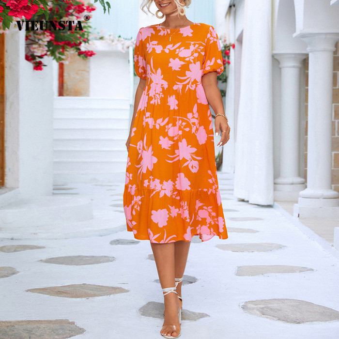 Women's Elegant Bubble Sleeve Print Fashion Casual Round Neck Dress