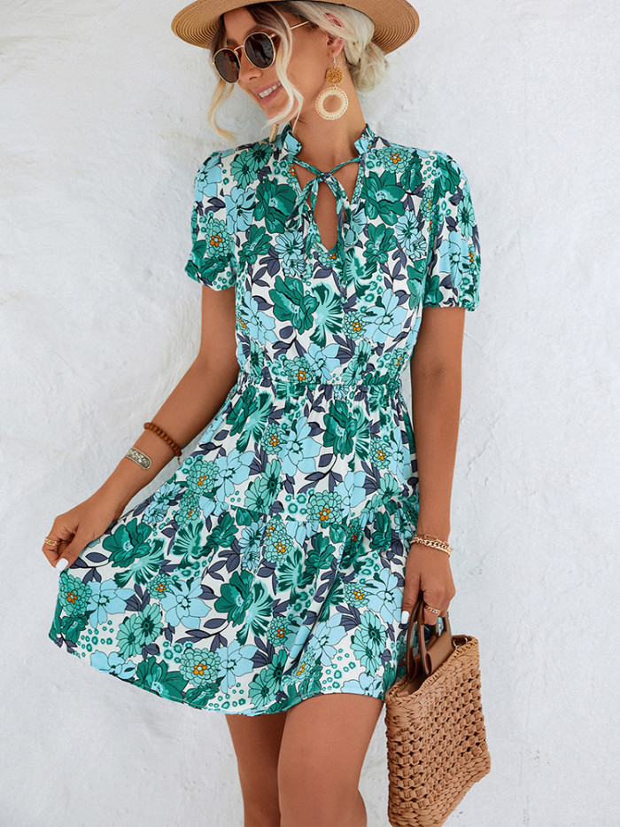 Summer Floral Print Casual V Neck Tie Fashion Puff Sleeve Mini Dress