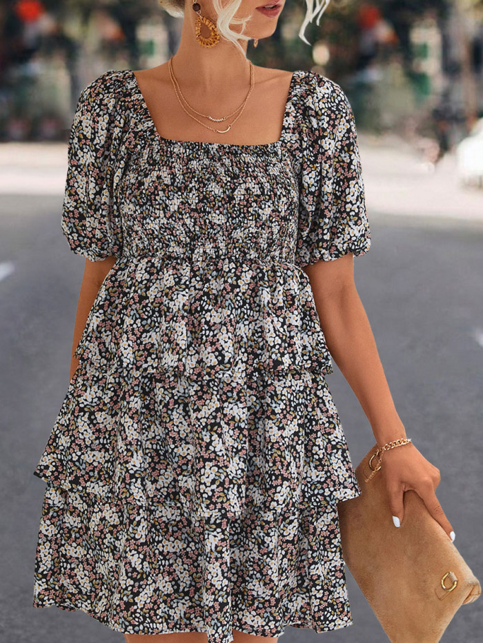 Bohemian Floral Print Short Sleeve Mini Dress