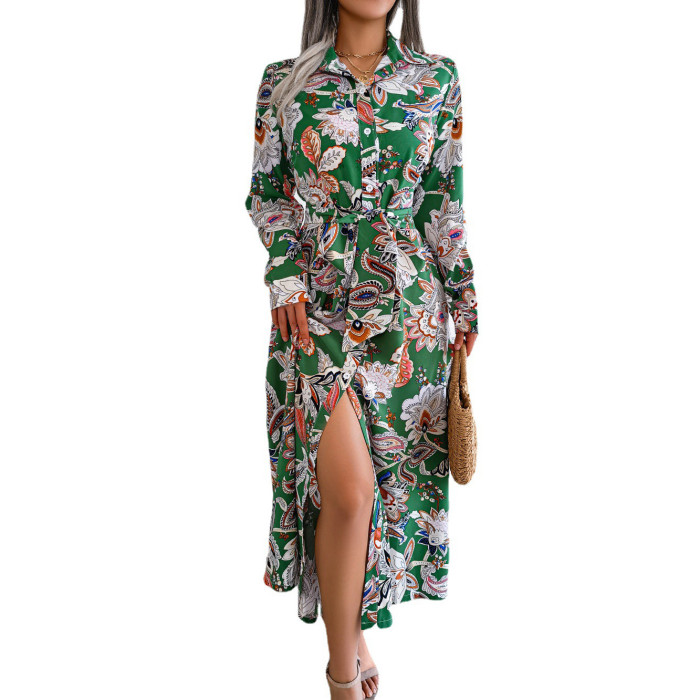 Women Retro Floral Long Sleeve Fashion Print Dress