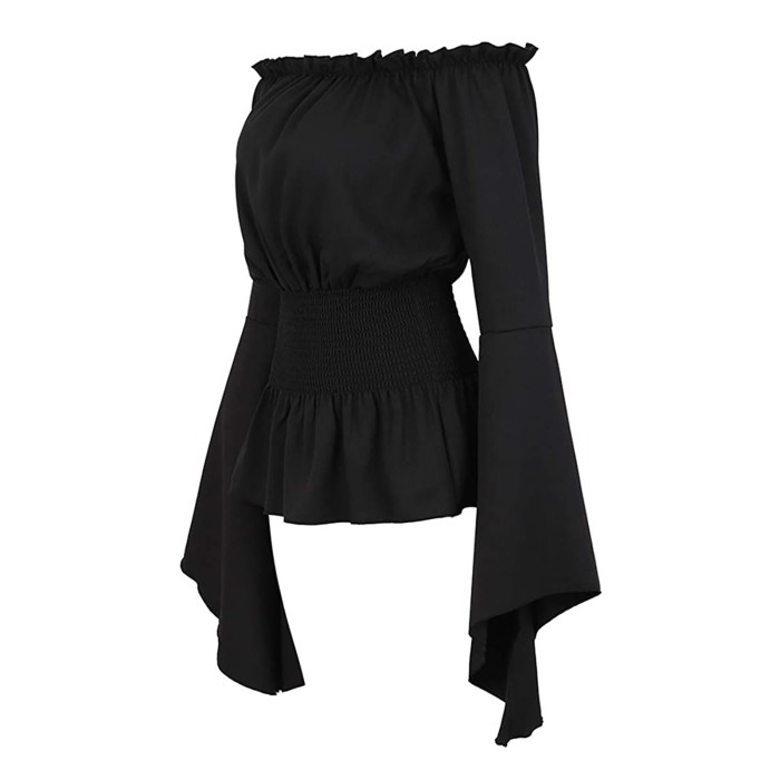 Fashion Women Off Shoulder Boho Solid Color Vintage  Blouses Top