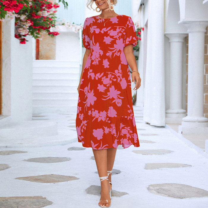 Women's Elegant Bubble Sleeve Print Fashion Casual Round Neck Dress