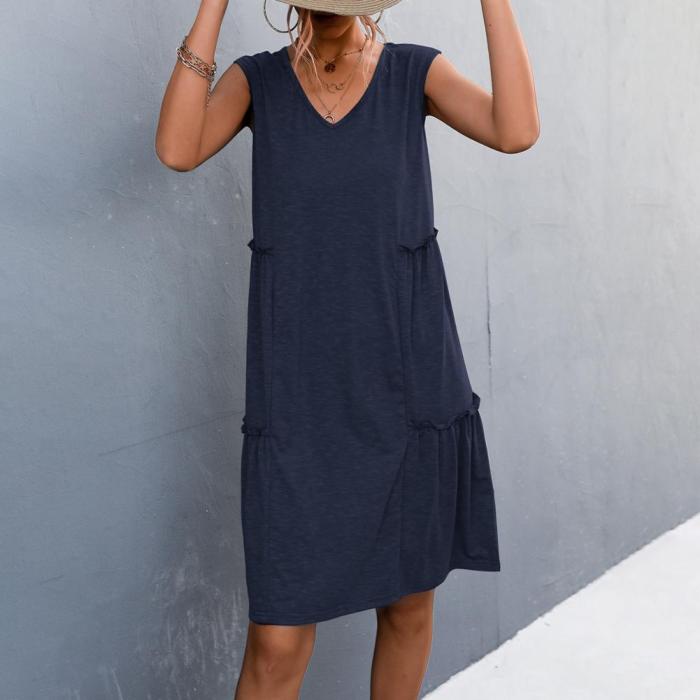 Ruffle Casual Knee-Length V-neck Midi Dress