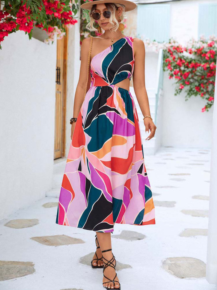 Women One Shoulder Hollow Out Print Boho Midi Dress