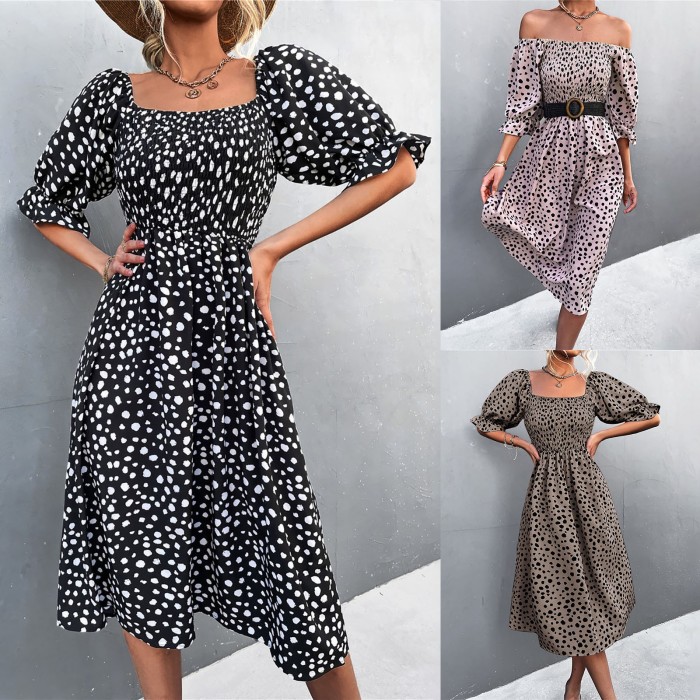 Women's Boho Floral Puff Sleeve Square Neck Fashion Casual Midi Dress