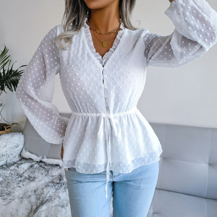 V Neck Balloon Long Sleeve Tops Casual Solid Color Tops Fashion Blouses & Shirts