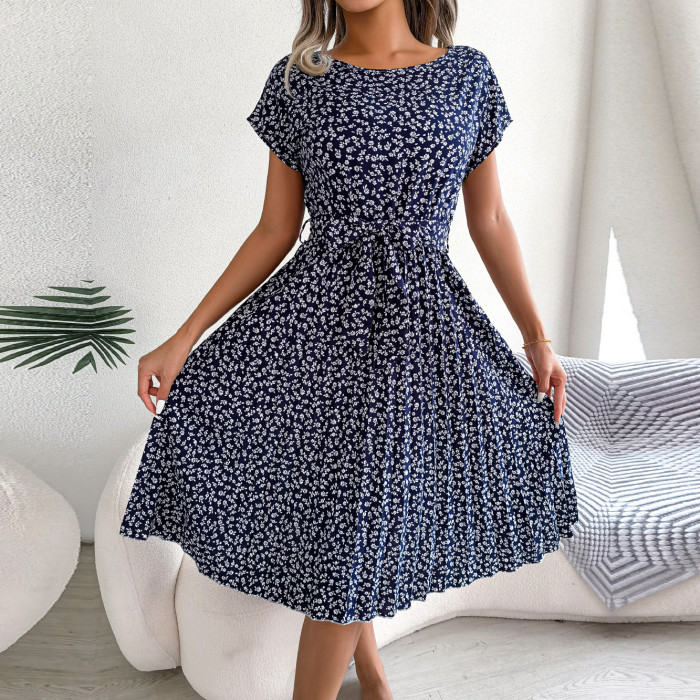 Fashion Floral Pleated Short Sleeve High Waist Chic Dress