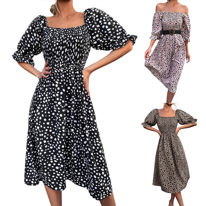 Women's Boho Floral Puff Sleeve Square Neck Fashion Casual Midi Dress