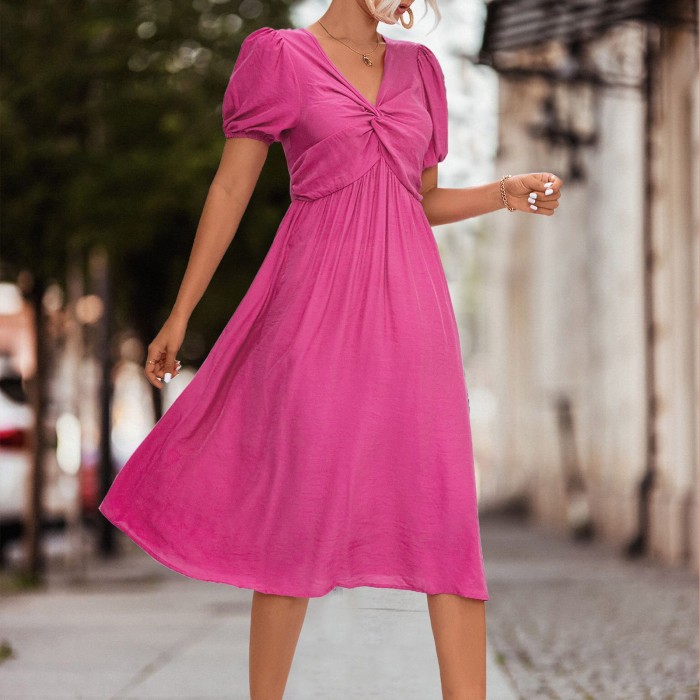 Solid Color Ruffle Casual V Neck High Waist Bohemian Elegant Retro  Midi Dress