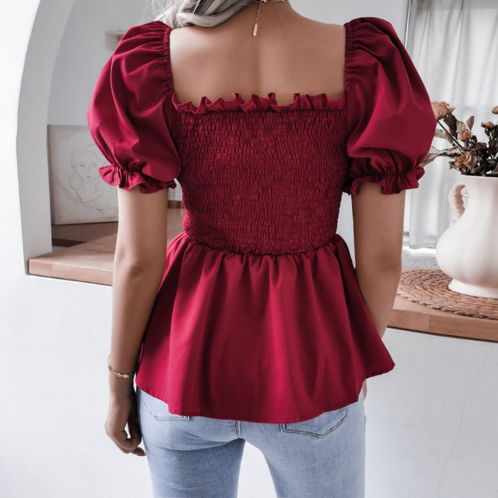 Casual Balloon Sleeve Hem Top Fashion Solid Color  Blouses & Shirts