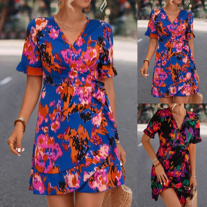 High Waist Prints Sexy V Neck Short Sleeve Ruffles Bohemian Dress