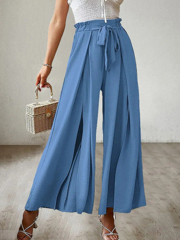 Office Fashion High Waist Solid Color Elegant Slit Lace Wide Leg Pants