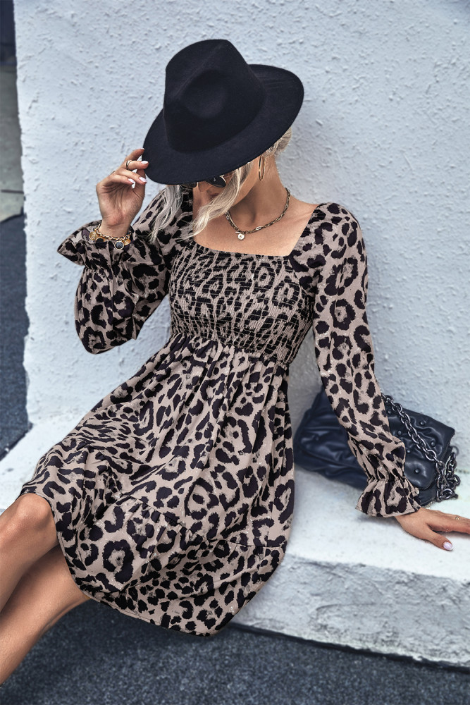 New Leopard Print Long-Sleeved Square Casual Dress