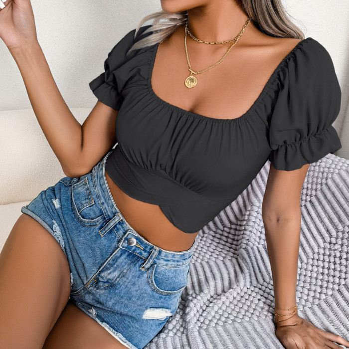 Women Slim Sexy Square Collar Short Sleeve Cropped Tops  Blouses & Shirts