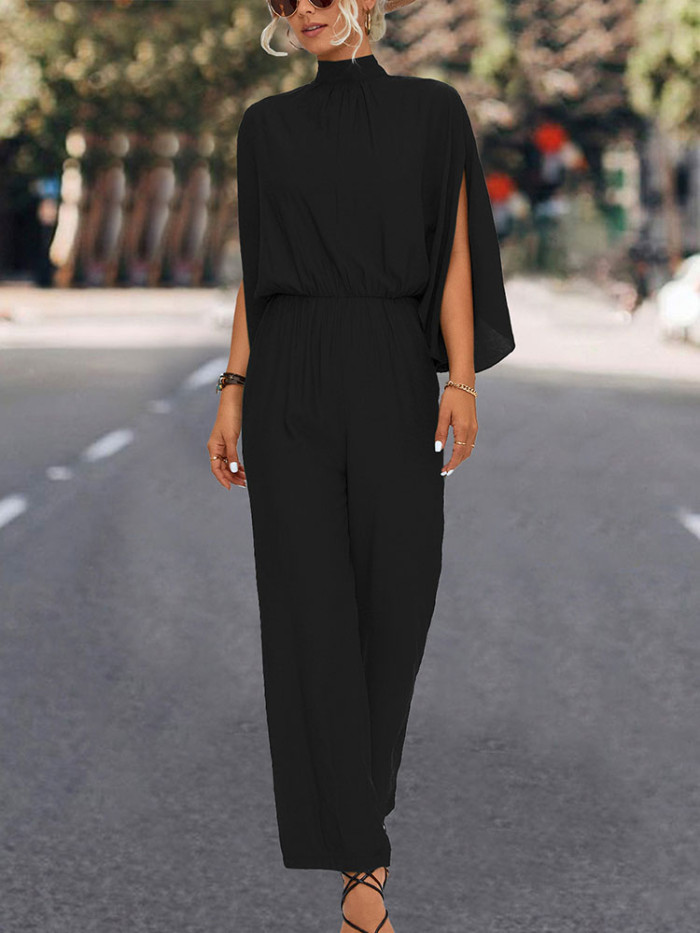 Elegant Women's Loose Stand Collar Slit Sleeves Office Fashion Jumpsuit