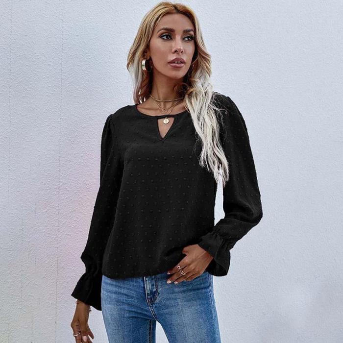 Elegant Women's Fashion Jacquard O-Neck Long Sleeve Casual  Blouses & Shirts