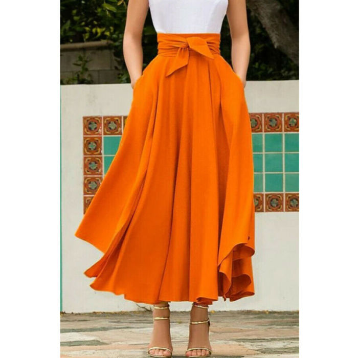 Women's Solid Color Fashion High Waisted Flared Pleated Maxi Skirt