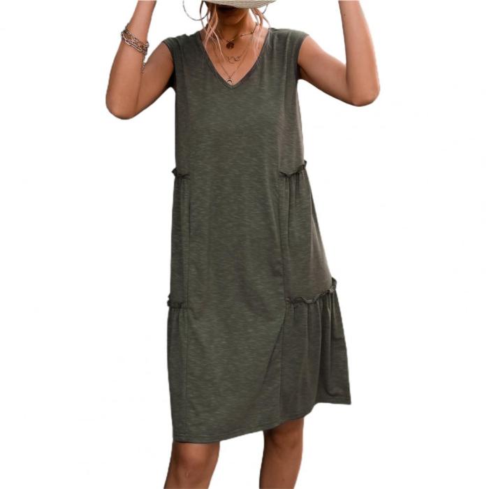 Ruffle Casual Knee-Length V-neck Midi Dress