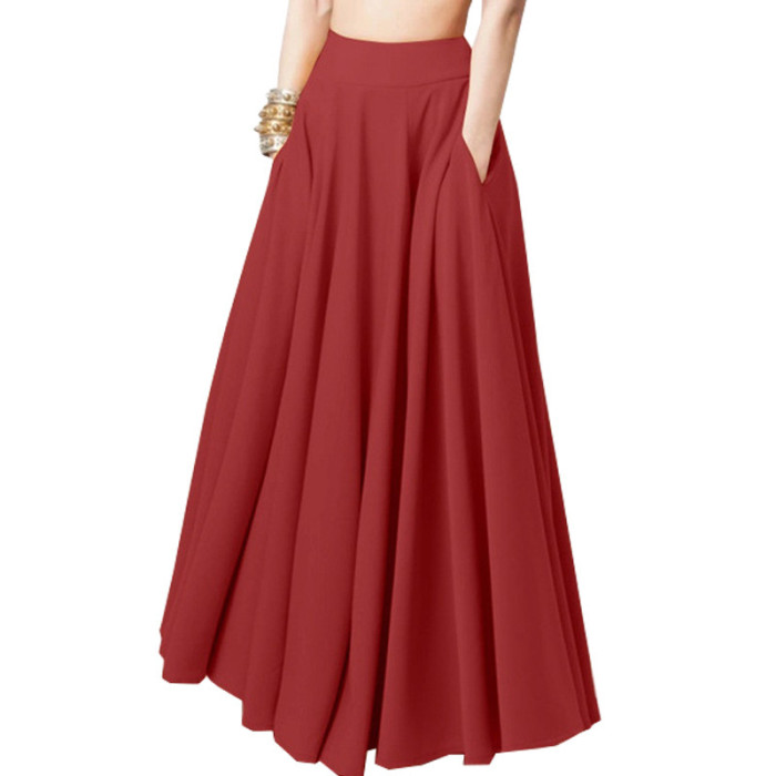 Women's High Waist Linen Solid Color Pleated Elegant A-Line Skirt