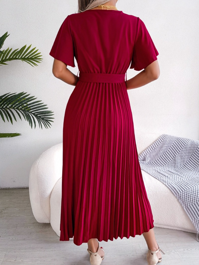 Elegant Fashion Pleated V-Neck Lace-up Short Sleeve Maxi Dress