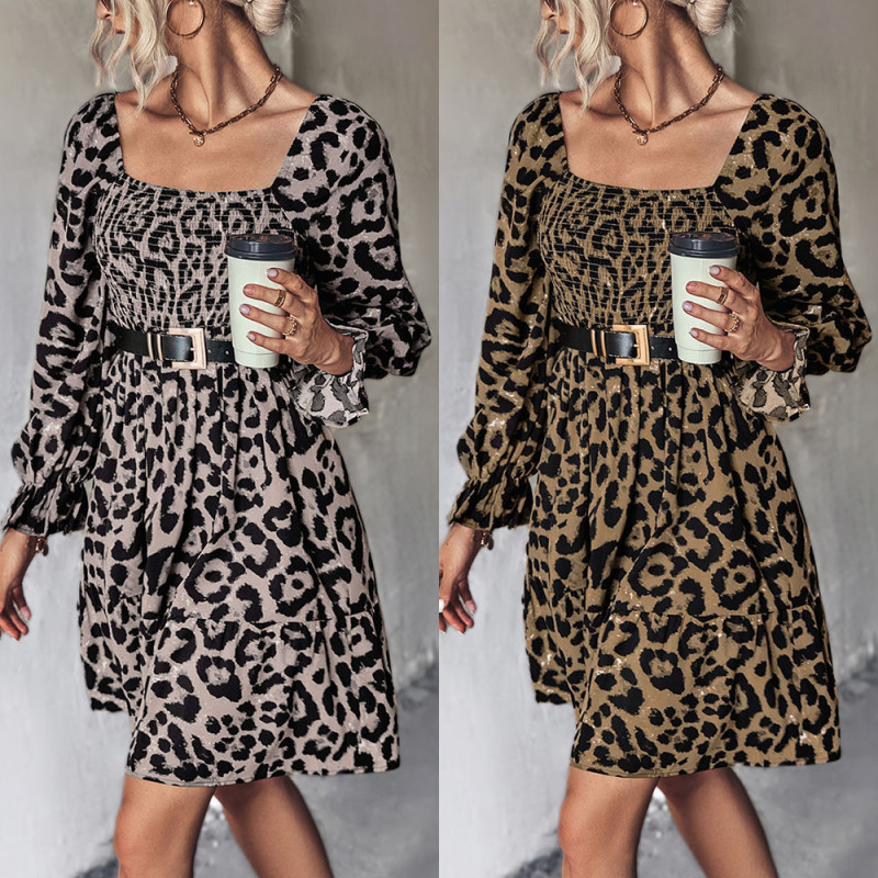 New Leopard Print Long-Sleeved Square Casual Dress