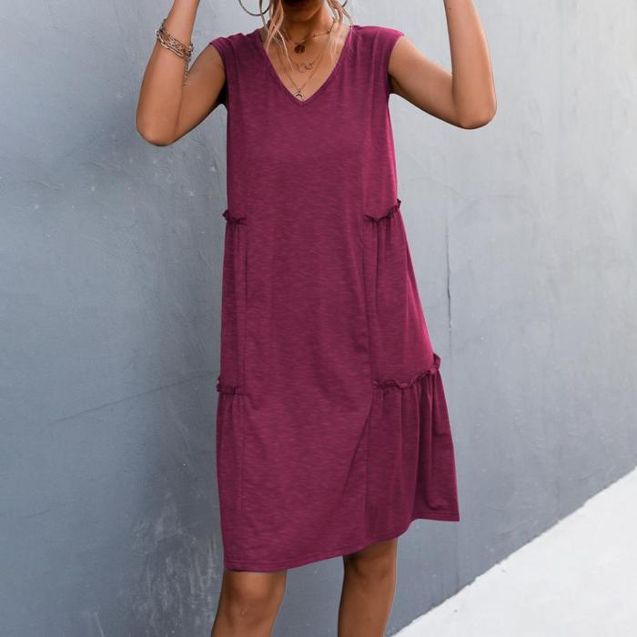 Ruffle Casual Knee-Length V-neck Midi Dress