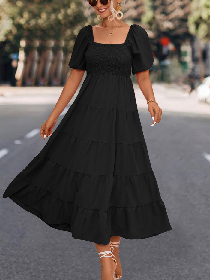 Elegant Fashion Square Neck Short Puff Sleeve Casual Maxi Dress