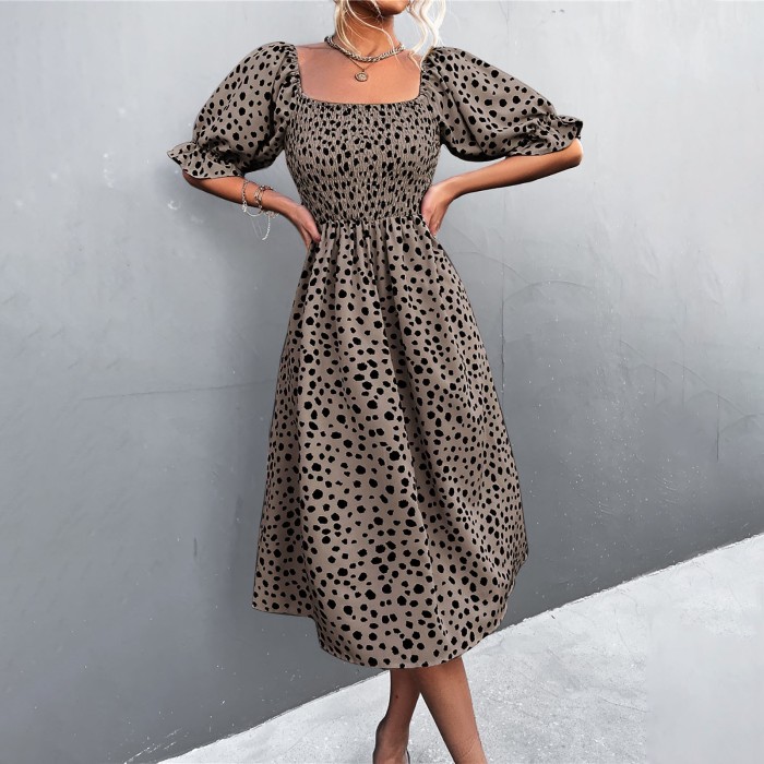 Women's Boho Floral Puff Sleeve Square Neck Fashion Casual Midi Dress