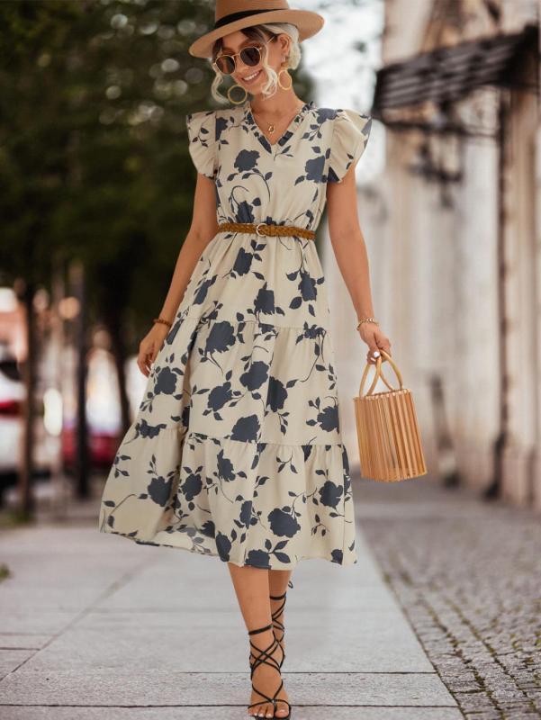 Fashion Print Elegant A Line Floral Print V Neck Casual Dress