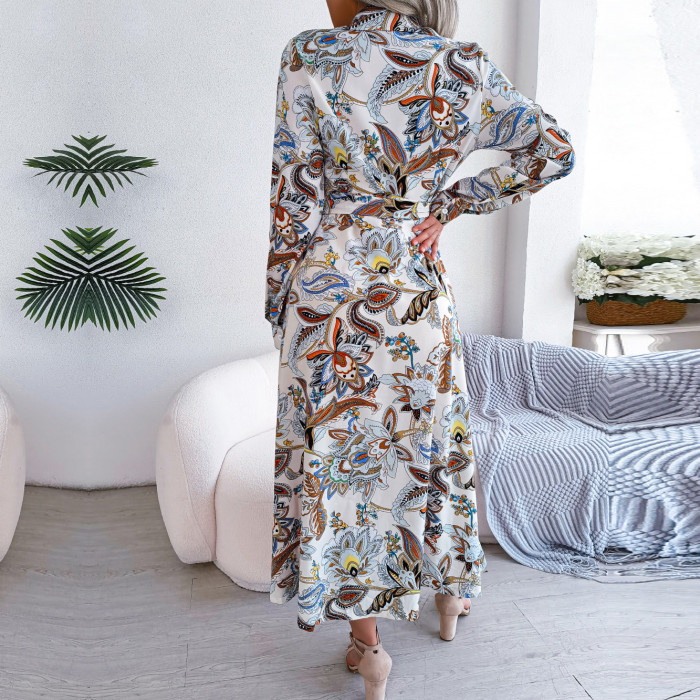 Women Retro Floral Long Sleeve Fashion Print Dress