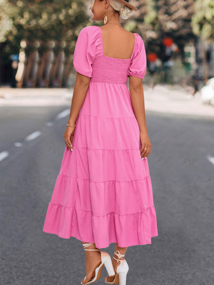 Elegant Fashion Square Neck Short Puff Sleeve Casual Maxi Dress