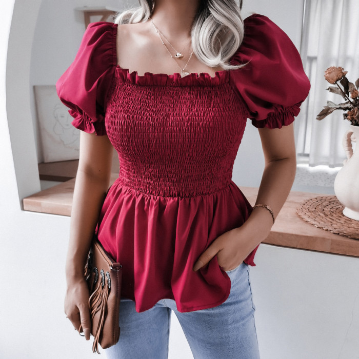 Casual Balloon Sleeve Hem Top Fashion Solid Color  Blouses & Shirts