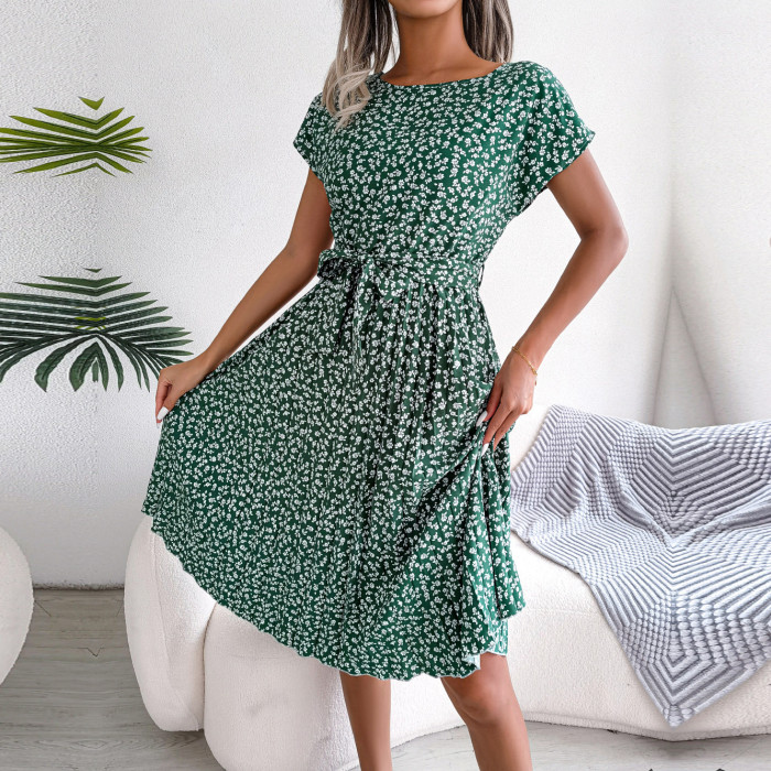 Fashion Floral Pleated Short Sleeve High Waist Chic Dress
