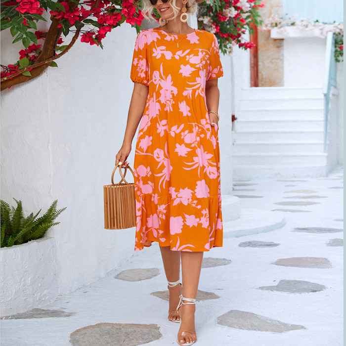 Women's Elegant Bubble Sleeve Print Fashion Casual Round Neck Dress