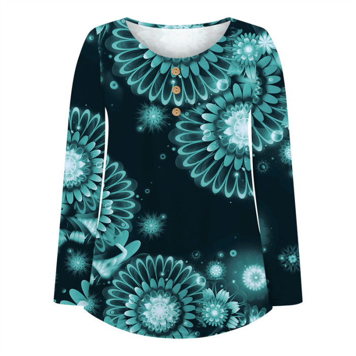 Vintage Flower Print Loose V Neck Comfortable Casual Tops