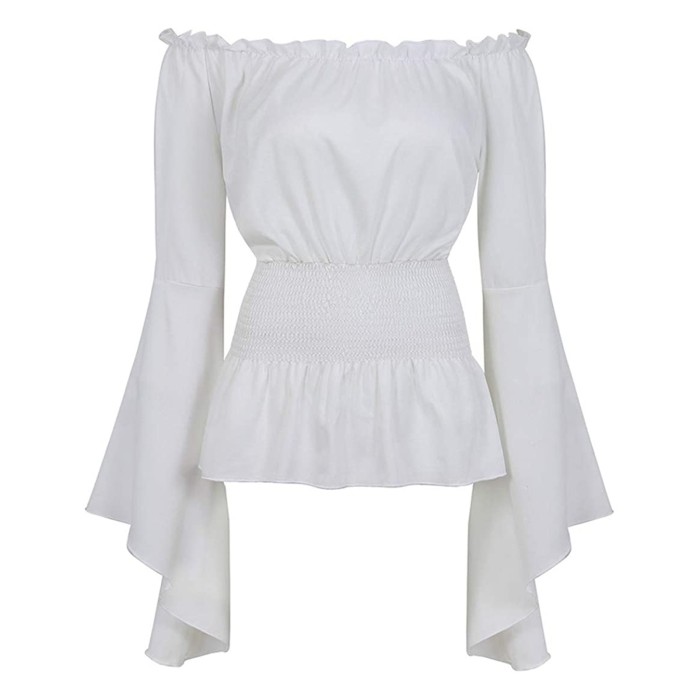 Fashion Women Off Shoulder Boho Solid Color Vintage  Blouses Top