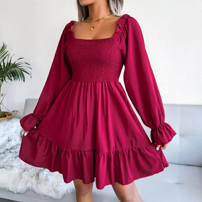 Women Ruffle High Waist Square Collar Long Sleeve Ruffled Dress