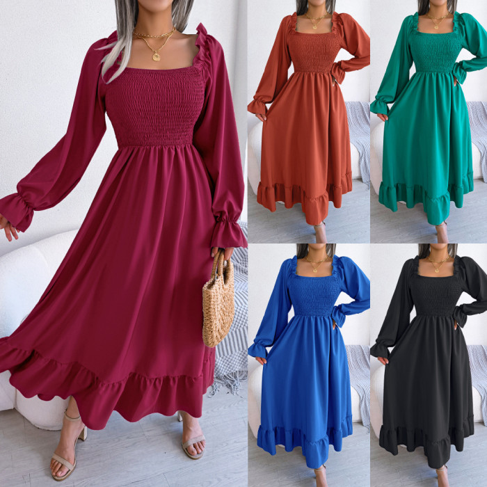 Fashion Casual Solid Color Square Neck Ruffles Long Dress