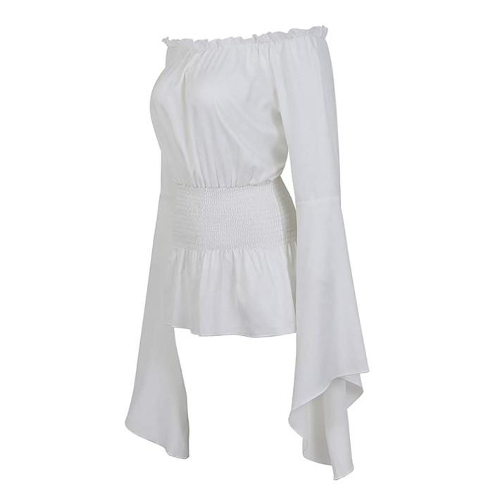 Fashion Women Off Shoulder Boho Solid Color Vintage  Blouses Top