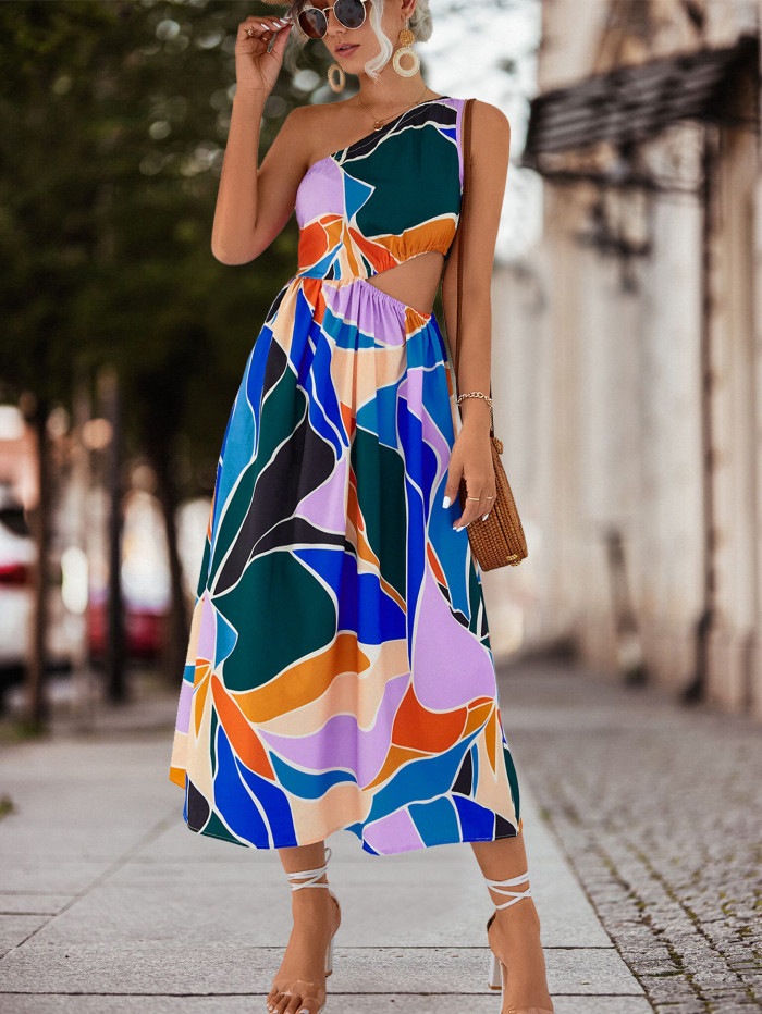 Women One Shoulder Hollow Out Print Boho Midi Dress