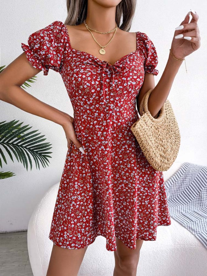 Women Puff Sleeve Boho Mini Dress