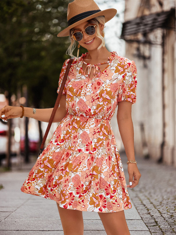 Summer Floral Print Casual V Neck Tie Fashion Puff Sleeve Mini Dress