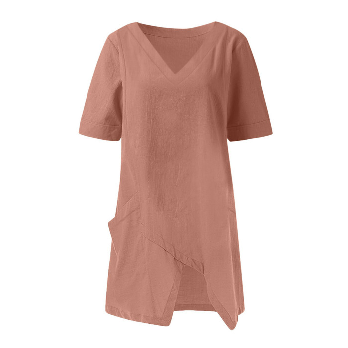Women Irregular Cotton Linen Casual Elegant V-Neck Half Sleeve Blouse
