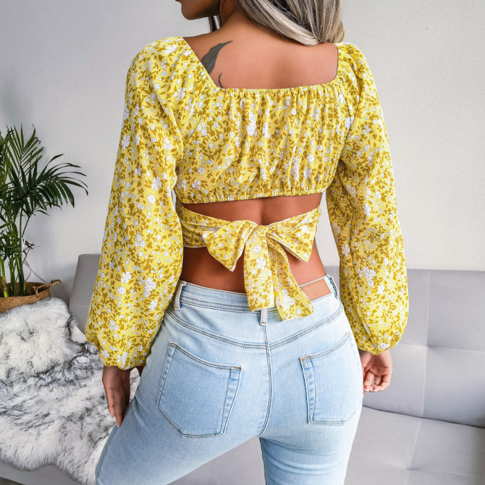 Fashion Floral Sexy Off Shoulder Balloon Sleeve Printed Blouses & Shirts