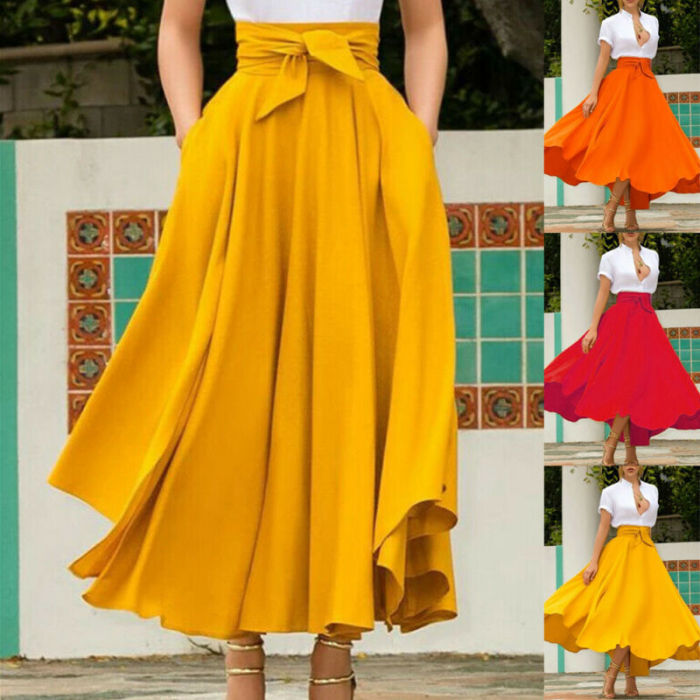 Women's Solid Color Fashion High Waisted Flared Pleated Maxi Skirt