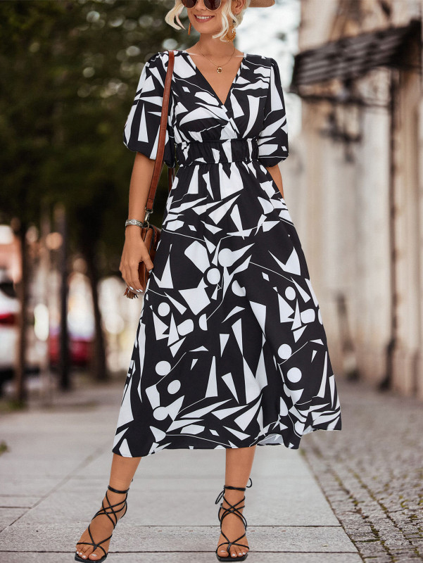 Ladies Fashion Print V Neck Casual Midi Dress