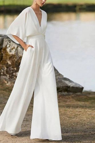 Fashion Casual Solid Color Elegant Sexy Deep V High Waist Wide Leg Jumpsuit