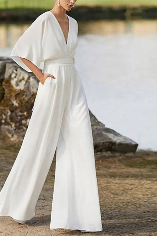 Fashion Casual Solid Color Elegant Sexy Deep V High Waist Wide Leg Jumpsuit